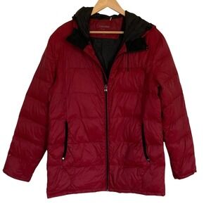 Calvin Klein Womens Cherry Red Quilted Packable Down Jacket Size M Hooded Winter